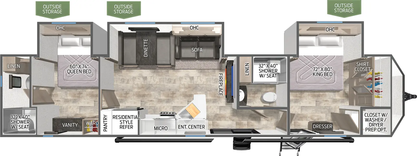 The Puma Destination 39DBT floorplan has two entries and three slide outs. Exterior features include: metal exterior and 21' awning. Interiors features include: front bedroom, two bedrooms, rear bathroom and two full bathrooms.